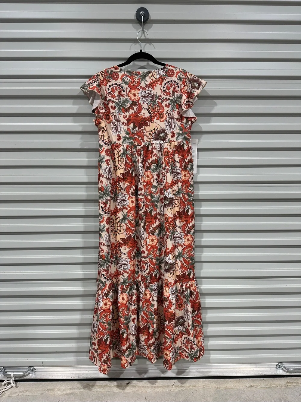 Red Floral Tiered Maxi Dress with Ruffle Sleeves - Picture 11 of 11